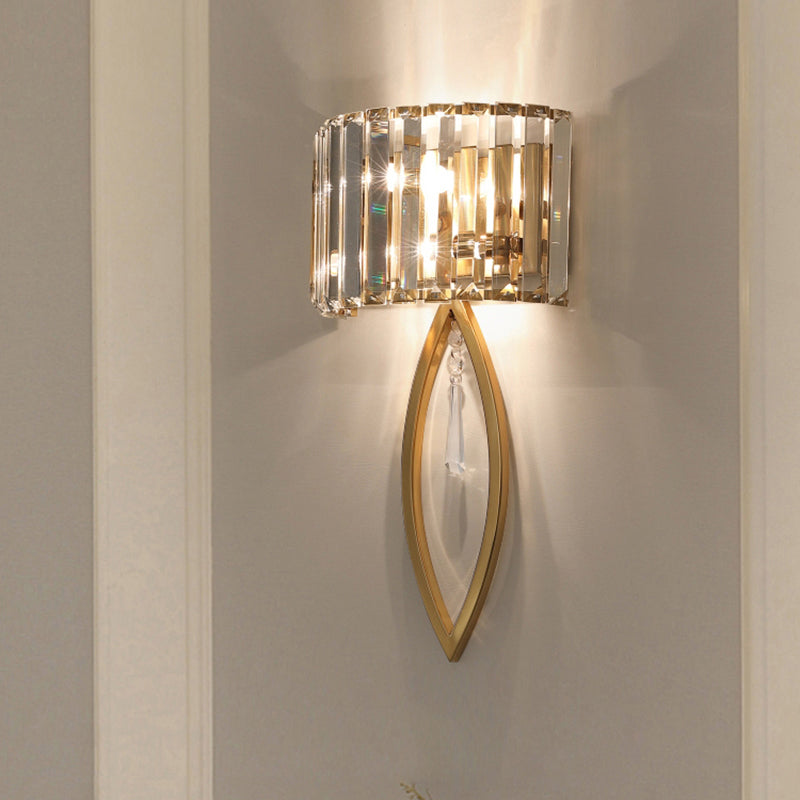 Modern 2-Bulb Gold Flush Mount Sconce With Prismatic Crystal For Aisle Lighting