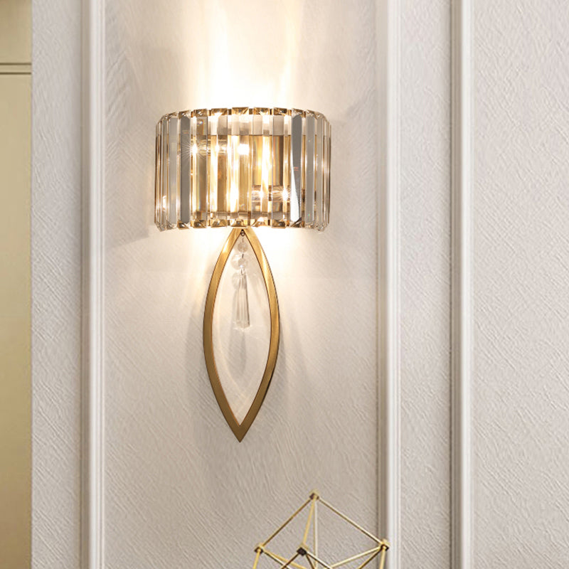 Modern 2-Bulb Gold Flush Mount Sconce With Prismatic Crystal For Aisle Lighting