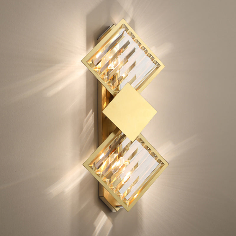 Minimalistic Brass Wall Light With Rhombus Design 2 Bulbs And K9 Crystal Sconce Lamp For Living Room