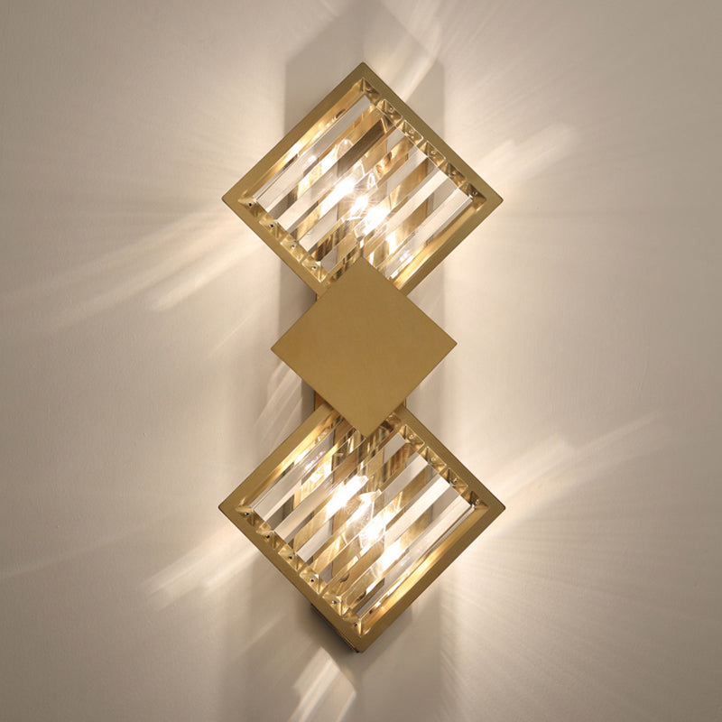 Minimalistic Brass Wall Light With Rhombus Design 2 Bulbs And K9 Crystal Sconce Lamp For Living Room