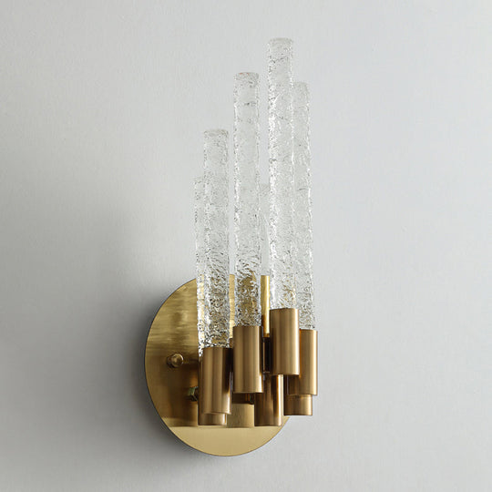 Clear Rippled Crystal 2-Head Tubular Sconce Wall Light In Brass - Simple Style For Bedroom Lighting