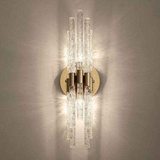 Clear Rippled Crystal 2-Head Tubular Sconce Wall Light In Brass - Simple Style For Bedroom Lighting