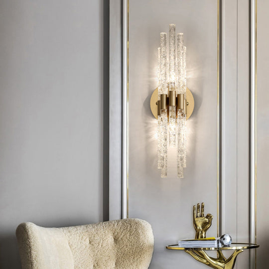 Clear Rippled Crystal 2-Head Tubular Sconce Wall Light In Brass - Simple Style For Bedroom Lighting