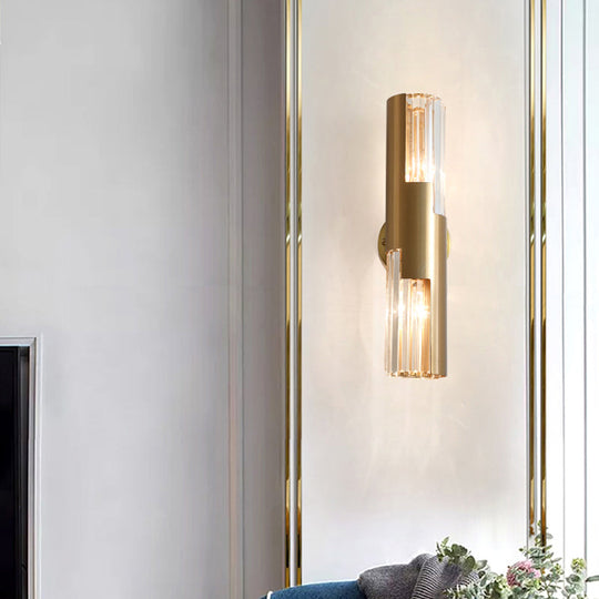 Minimalist Gold Pole Wall Sconce With K9 Crystal And 2 Bulbs For Living Room