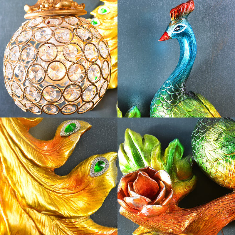 Peacock Resin Wall Light Fixture - Green/Gold Sconce Lamp With Crystal Shade