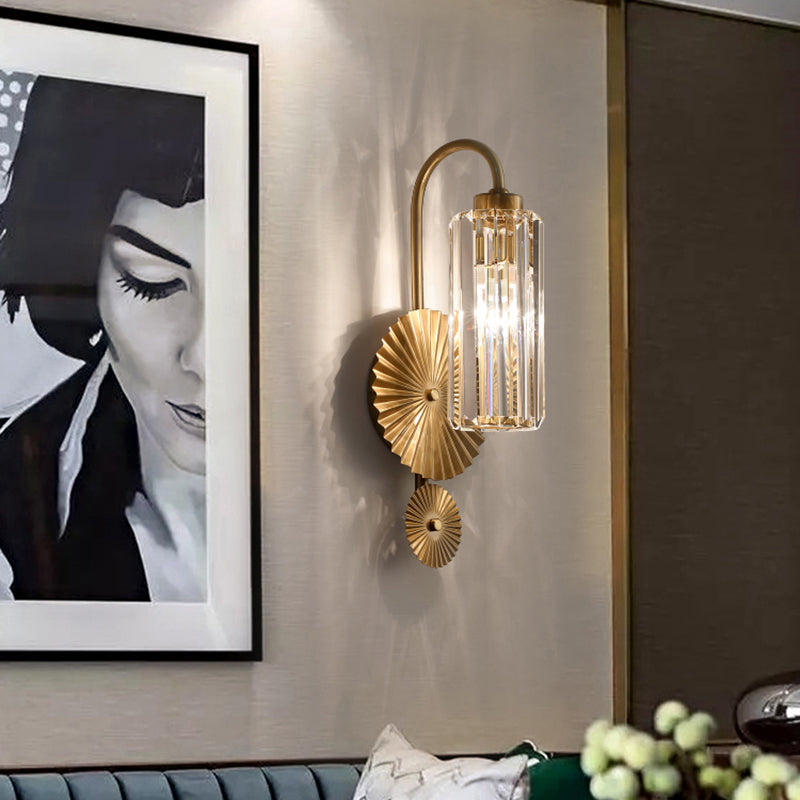 Brass Postmodern Wall Sconce With Prismatic Crystal - Cylindrical Foyer Lighting