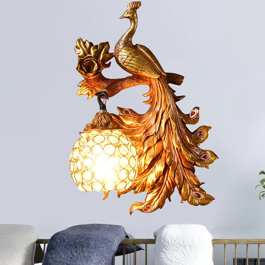 Peacock Resin Wall Light Fixture - Green/Gold Sconce Lamp With Crystal Shade