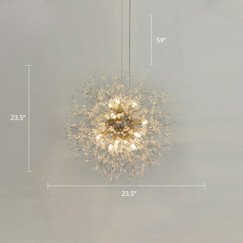 Stylish Dandelion Chandelier with Clear Crystal Beads - Modern LED Ceiling Light for Bedroom - Brass Finish