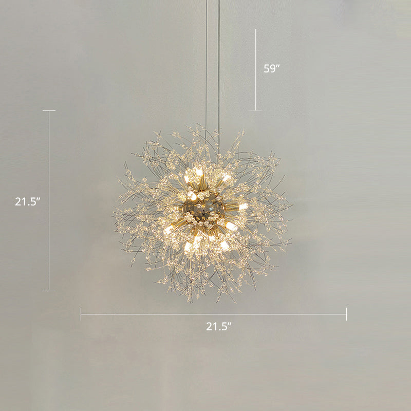 Stylish Dandelion Chandelier with Clear Crystal Beads - Modern LED Ceiling Light for Bedroom - Brass Finish