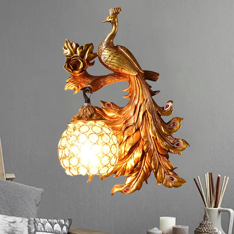 Peacock Resin Wall Light Fixture - Green/Gold Sconce Lamp With Crystal Shade