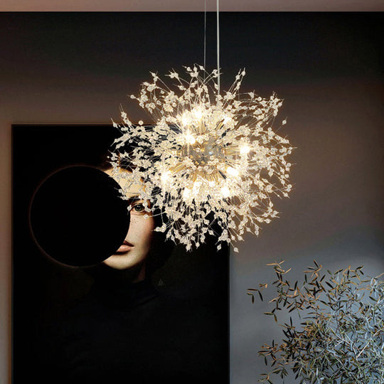 Stylish Dandelion Chandelier with Clear Crystal Beads - Modern LED Ceiling Light for Bedroom - Brass Finish