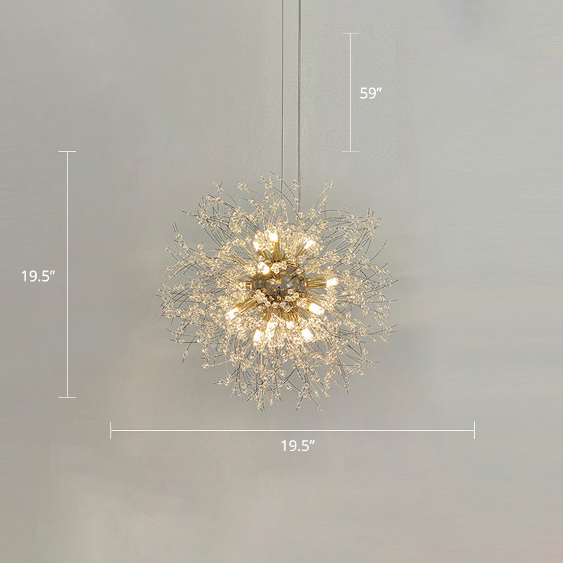 Stylish Dandelion Chandelier with Clear Crystal Beads - Modern LED Ceiling Light for Bedroom - Brass Finish