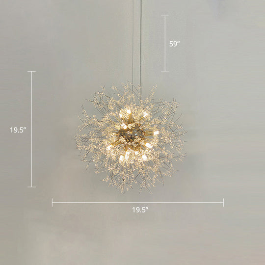 Stylish Dandelion Chandelier with Clear Crystal Beads - Modern LED Ceiling Light for Bedroom - Brass Finish