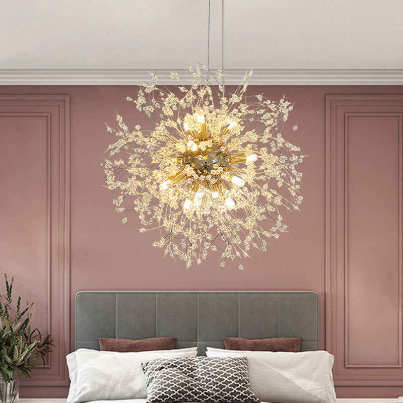 Stylish Dandelion Chandelier with Clear Crystal Beads - Modern LED Ceiling Light for Bedroom - Brass Finish