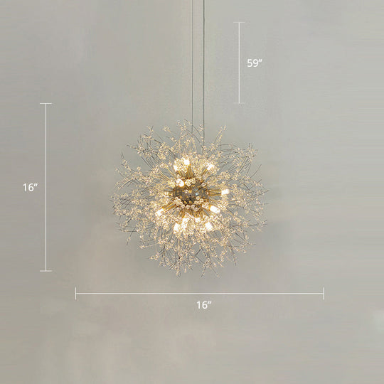 Stylish Dandelion Chandelier with Clear Crystal Beads - Modern LED Ceiling Light for Bedroom - Brass Finish