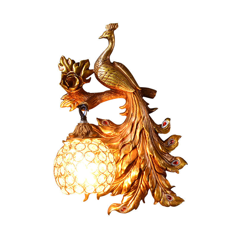 Peacock Resin Wall Light Fixture - Green/Gold Sconce Lamp With Crystal Shade