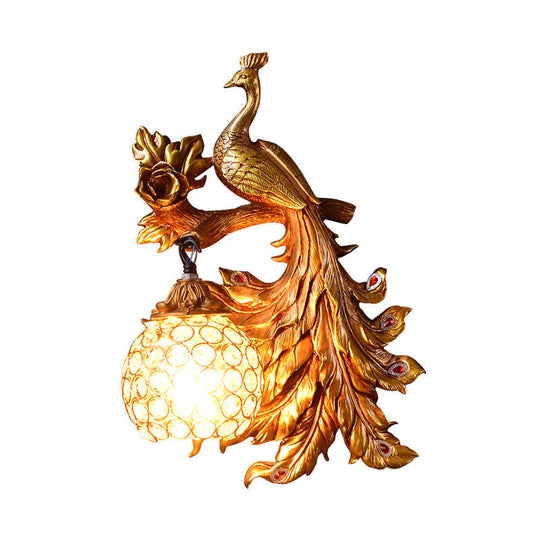 Peacock Resin Wall Light Fixture - Green/Gold Sconce Lamp With Crystal Shade