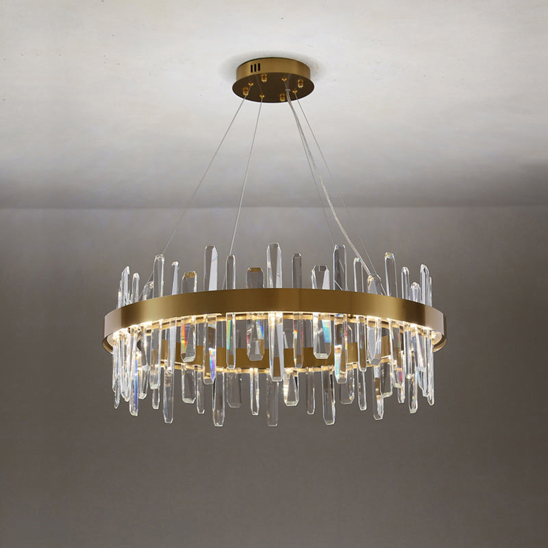 Gold Finish Led Pendant Chandelier With Crystal Icicles And Stainless Steel Loop Design