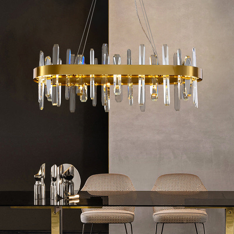 Gold Finish Led Pendant Chandelier With Crystal Icicles And Stainless Steel Loop Design