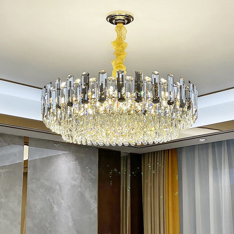 Smoke Grey & Clear Crystal Round Chandelier - Modern Suspended Lighting for Restaurants