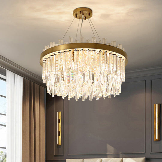 Modern Round Chandelier Light Fixture with K9 Crystal Brass Suspension for Bedroom