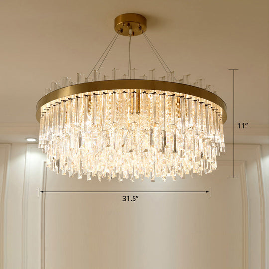 Modern Round Chandelier Light Fixture with K9 Crystal Brass Suspension for Bedroom