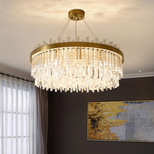 Modern Round Chandelier Light Fixture with K9 Crystal Brass Suspension for Bedroom