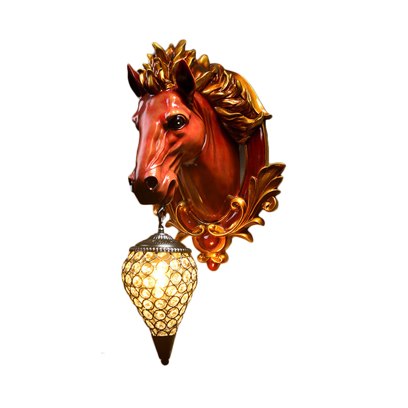 Vintage White/Red Resin Horse Wall Lamp With Crystal Droplet Shade - Indoor Sconce Light 9.5/12 W