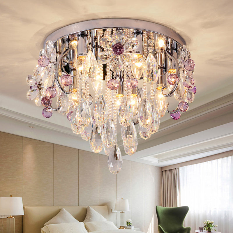 Modern Ceiling Mount Light with Crystal Teardrops and Chrome Finish for Bedrooms