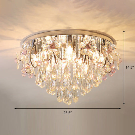 Modern Ceiling Mount Light With Crystal Teardrops And Chrome Finish For Bedrooms / 25.5