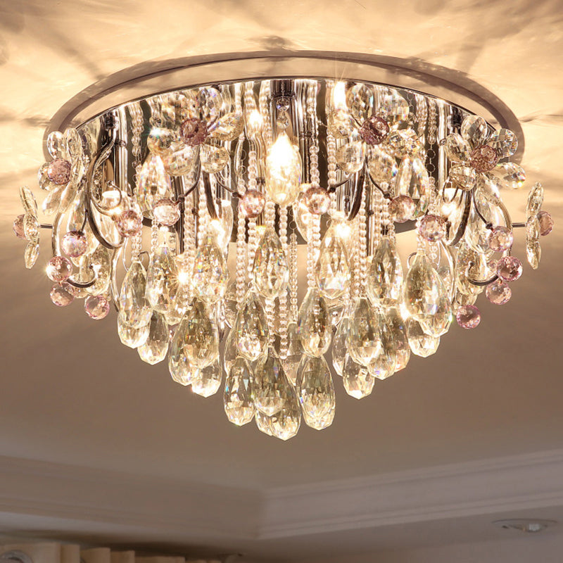 Modern Ceiling Mount Light with Crystal Teardrops and Chrome Finish for Bedrooms