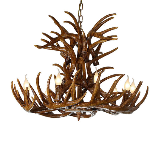 Resin Antler Chandelier Lamp - Countryside Brown 9 Lights Down Lighting Pendant For Living Room