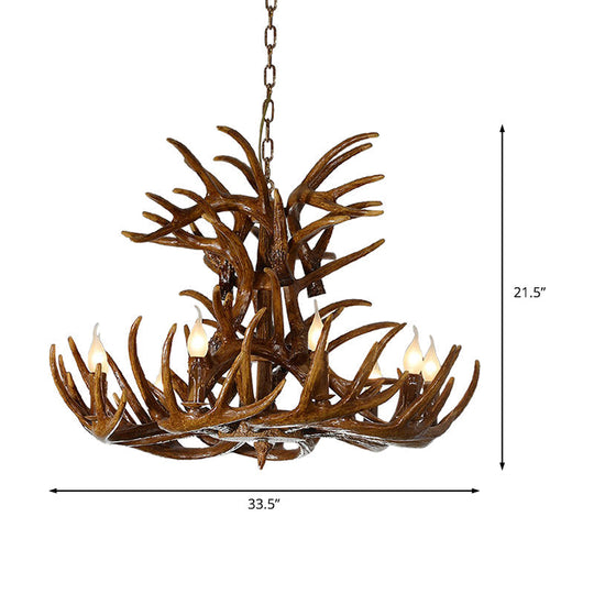 Resin Antler Chandelier Lamp - Countryside Brown 9 Lights Down Lighting Pendant For Living Room