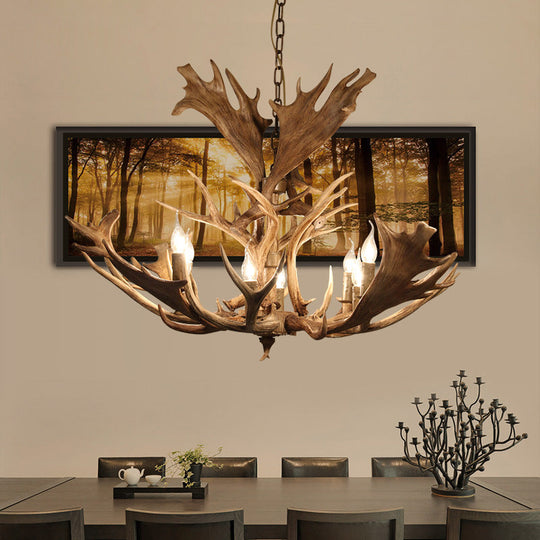 Rustic Resin Brown Hanging Chandelier Light Fixture - Candle-Style 8 Bulbs Dining Room Pendant