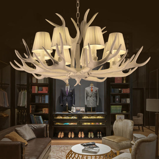 Rustic Style Resin Chandelier With 8 Heads White Cone Shade And Antler Detail - Living Room Pendant