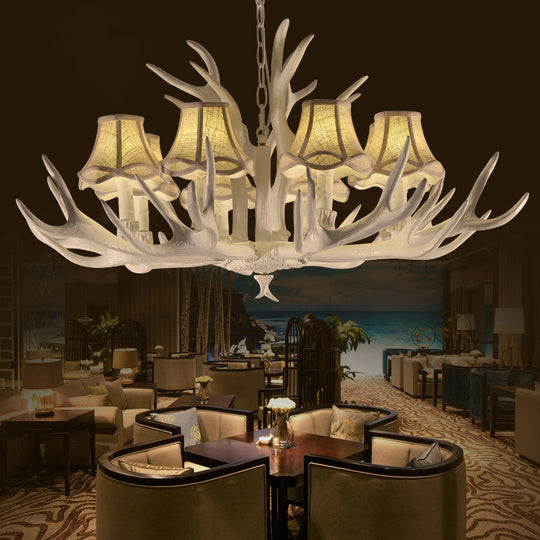 Rustic Style Resin Chandelier With 8 Heads White Cone Shade And Antler Detail - Living Room Pendant