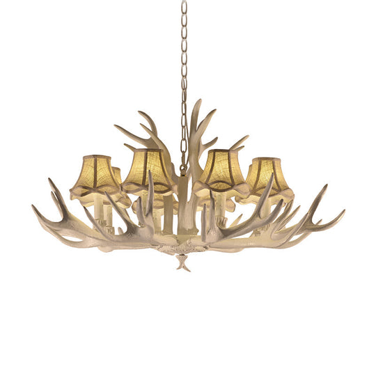 Rustic Style Resin Chandelier With 8 Heads White Cone Shade And Antler Detail - Living Room Pendant