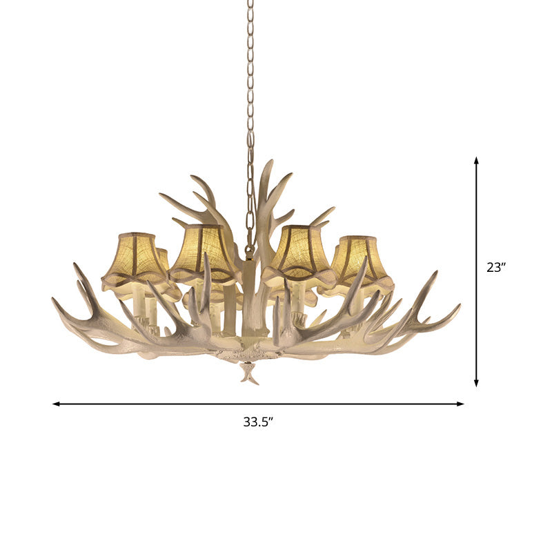 Rustic Style Resin Chandelier With 8 Heads White Cone Shade And Antler Detail - Living Room Pendant