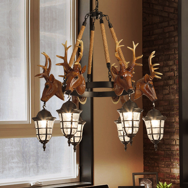 Rustic Wagon Wheel Deer Head Chandelier - 6 Bulb Resin Hanging Lamp In Brown