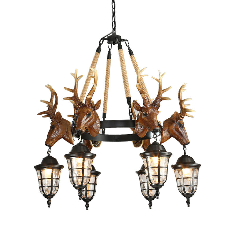 Rustic Wagon Wheel Deer Head Chandelier - 6 Bulb Resin Hanging Lamp In Brown