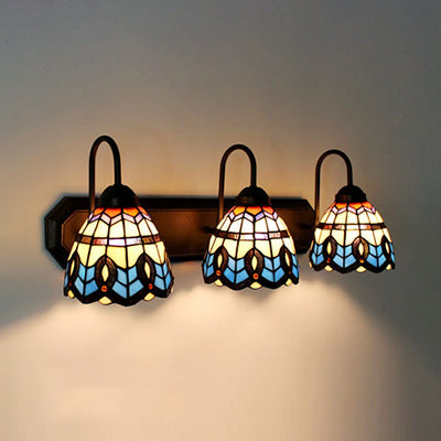 Tiffany Stained Glass Dome Sconce Light: Bronze Wall Mount With Victorian/Baroque Design - 3 Heads /