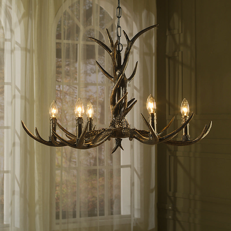 Rustic Chandelier Pendant With Resin Antler In Brass - 6/8/10-Light For Study Suspension