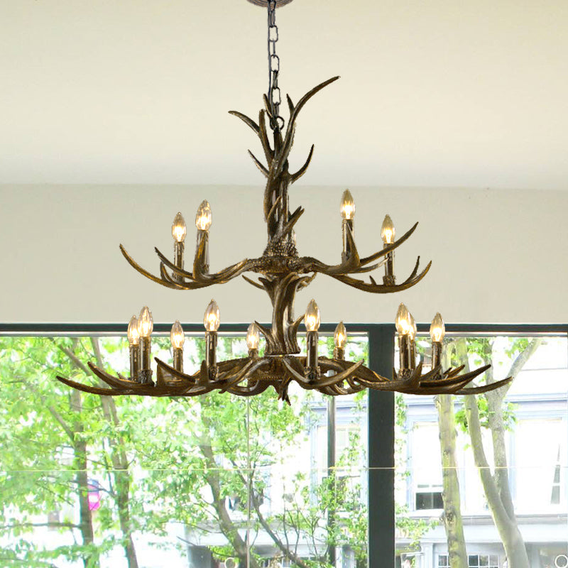 Rustic Chandelier Pendant With Resin Antler In Brass - 6/8/10-Light For Study Suspension 15 /