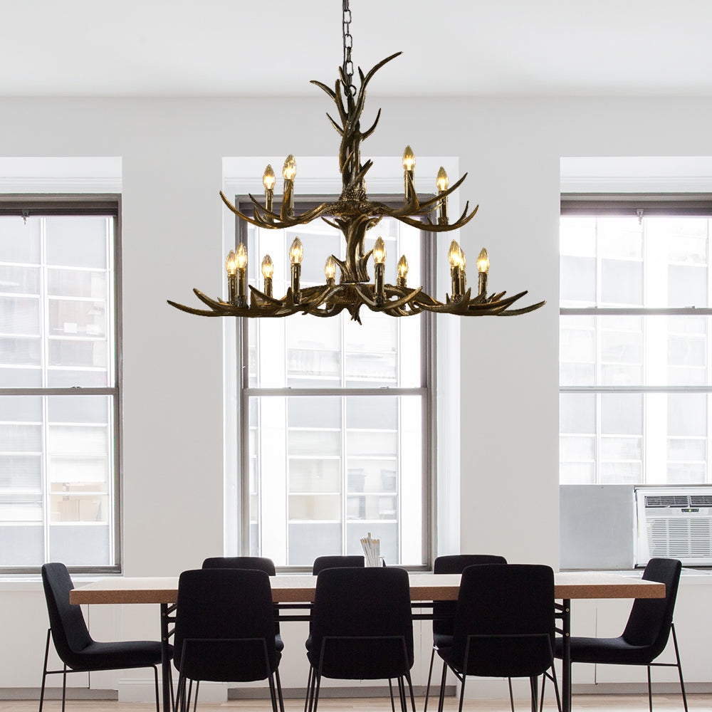 Rustic Chandelier Pendant With Resin Antler In Brass - 6/8/10-Light For Study Suspension