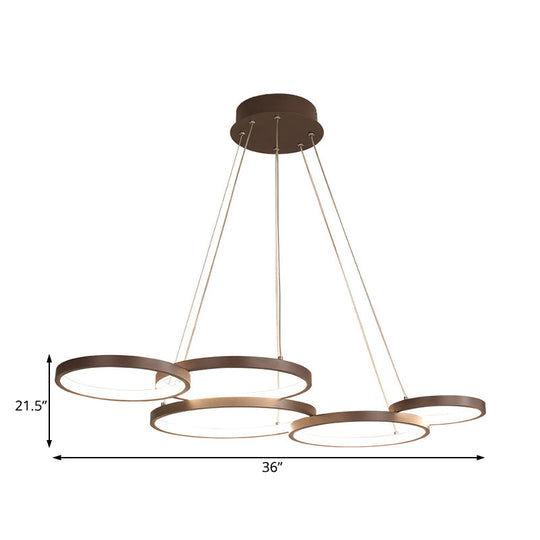 Circular Coffee Chandelier Modernist Light - 3/4/5 Lights Acrylic Led Fixture In White/Warm