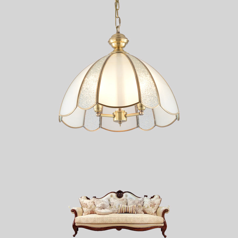 Colonial Frosted Glass Chandelier - 3 Bulb Brass Ceiling Fixture