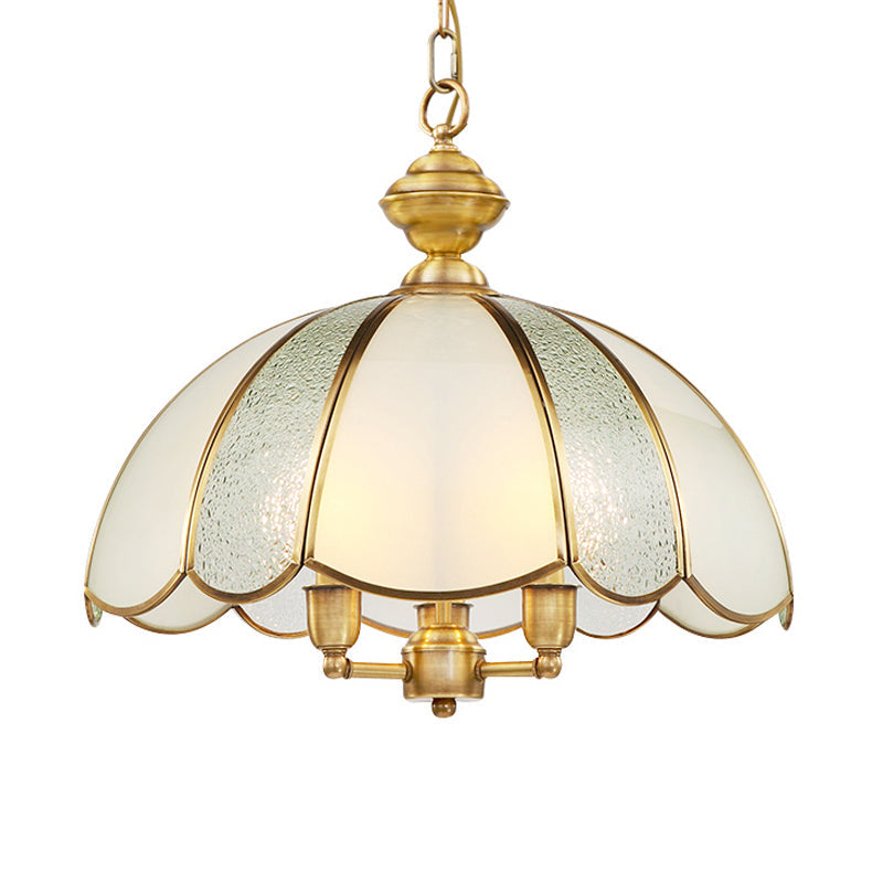 Colonial Frosted Glass Chandelier - 3 Bulb Brass Ceiling Fixture