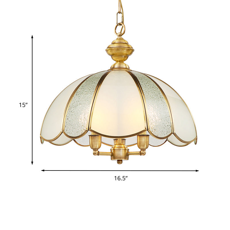 Colonial Frosted Glass Chandelier - 3 Bulb Brass Ceiling Fixture