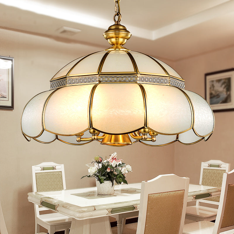 White Glass Traditional Hat Chandelier - 5 Bulbs Brass Suspension Light For Dining Room