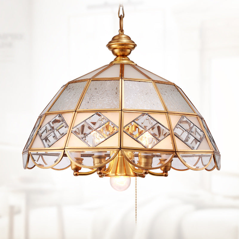 Traditional Brass Dome Pendant Chandelier Milk Glass 7-Bulb Hanging Ceiling Light